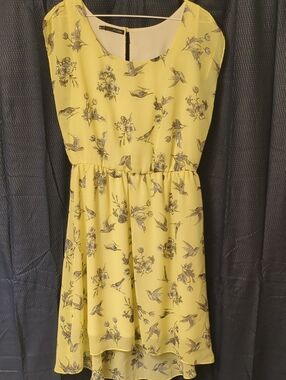 Yellow Floral Bird Print Sleeveless Dress